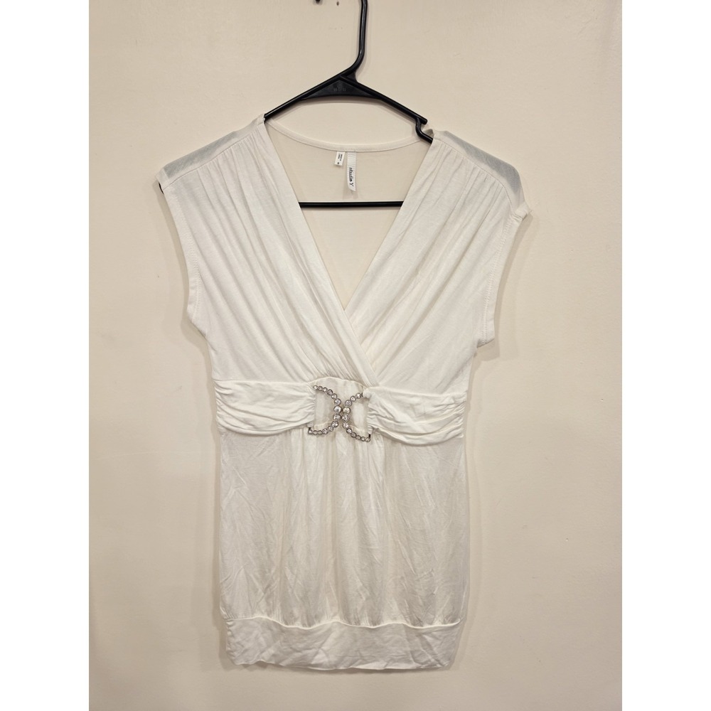 Studio Y White Embellished Surplice Top‎ Size Small Rhinestone Accent